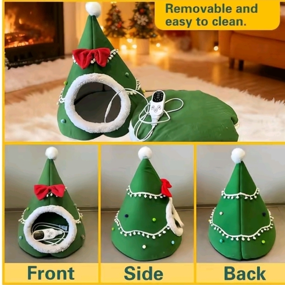 Festive Green Christmas Tree Heated  Pet Bed